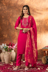 Elegant Marina Silk U-Neak Hend Work Suit Set with Viscose mina work Dupatta for Women & Girls
