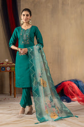 Elegant Roman Silk Straight Kurti Pant Dupatta Set