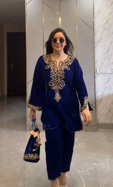 Royal Blue Velvet Embroidered Co-ord Set | Ethnic Party Wear Dress