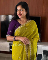 Premium Designer Saree AAB (Moon) | Satin Chiffon Crush Silk with Embroidery & Scalloped Cut-Work Border