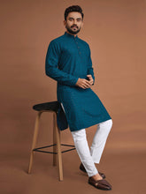 Cotton Straight Fit Men’s Kurta with Sequin & Embroidery | Wedding & Festive Wear | Manyawar