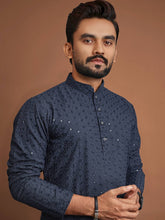 Cotton Straight Fit Men’s Kurta with Sequin & Embroidery | Wedding & Festive Wear | Manyawar