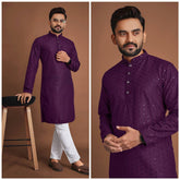 Cotton Straight Fit Men’s Kurta with Sequin & Embroidery | Wedding & Festive Wear | Manyawar
