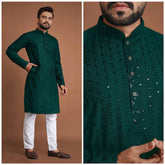 Cotton Straight Fit Men’s Kurta with Sequin & Embroidery | Wedding & Festive Wear | Manyawar