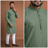 Cotton Straight Fit Men’s Kurta with Sequin & Embroidery | Wedding & Festive Wear | Manyawar