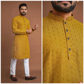 Cotton Straight Fit Men’s Kurta with Sequin & Embroidery | Wedding & Festive Wear | Manyawar