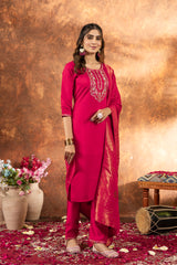 Elegant Marina Silk U-Neak Hend Work Suit Set with Viscose mina work Dupatta for Women & Girls