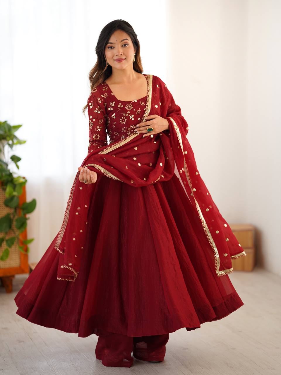 Fully Stitched Anarkali Suit Dark Red Color For Reception