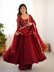 Fully Stitched Anarkali Suit Dark Red Color For Reception