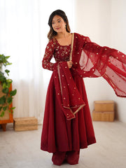 Fully Stitched Anarkali Suit Dark Red Color For Reception