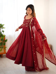 Fully Stitched Anarkali Suit Dark Red Color For Reception