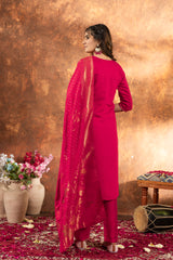 Elegant Marina Silk U-Neak Hend Work Suit Set with Viscose mina work Dupatta for Women & Girls