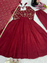 Fully Stitched Anarkali Suit Dark Red Color For Reception