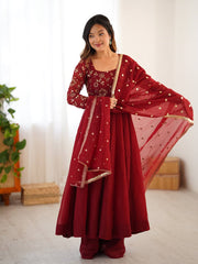 Fully Stitched Anarkali Suit Dark Red Color For Reception