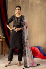 Elegant Roman Silk Straight Kurti Pant Dupatta Set
