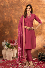 Elegant Roman Silk V-Neak Hend Work Suit Set with Digital Print Muslin Dupatta for Women & Girls