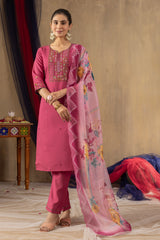 Elegant Roman Silk Straight Kurti Pant Dupatta Set