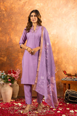 Elegant Roman Silk V-Neak Hend Work Suit Set with Digital Print Muslin Dupatta for Women & Girls