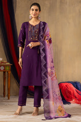 Elegant Roman Silk Straight Kurti Pant Dupatta Set