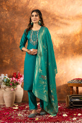 Elegant Marina Silk U-Neak Hend Work Suit Set with Viscose mina work Dupatta for Women & Girls
