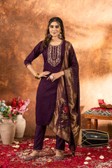 Elegant Marina Silk U-Neak Hend Work Suit Set with Viscose mina work Dupatta for Women & Girls