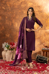 Elegant Roman Silk V-Neak Hend Work Suit Set with Digital Print Muslin Dupatta for Women & Girls