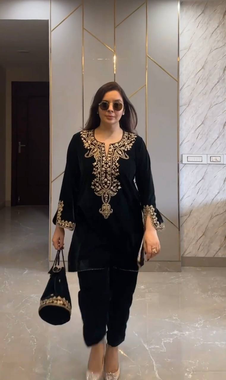 Black Velvet Embroidered Co-ord Set | Ethnic Party Wear Dress