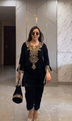 Black Velvet Embroidered Co-ord Set | Ethnic Party Wear Dress