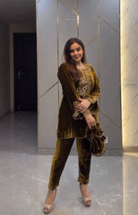 Golden Olive Green Velvet Embroidered Co-ord Set | Ethnic Party Wear Dress