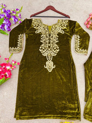 Golden Olive Green Velvet Embroidered Co-ord Set | Ethnic Party Wear Dress