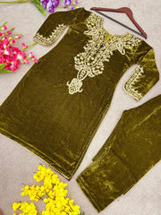 Golden Olive Green Velvet Embroidered Co-ord Set | Ethnic Party Wear Dress