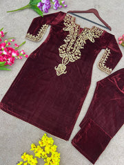 Maroon Velvet Embroidered Co-ord Set | Ethnic Party Wear Dress