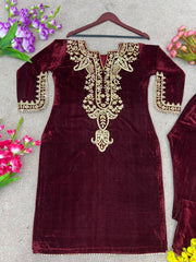 Maroon Velvet Embroidered Co-ord Set | Ethnic Party Wear Dress