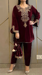 Maroon Velvet Embroidered Co-ord Set | Ethnic Party Wear Dress
