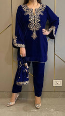 Royal Blue Velvet Embroidered Co-ord Set | Ethnic Party Wear Dress