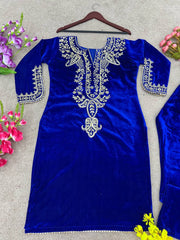 Royal Blue Velvet Embroidered Co-ord Set | Ethnic Party Wear Dress