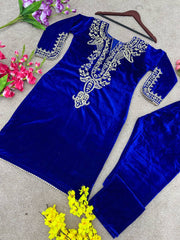 Royal Blue Velvet Embroidered Co-ord Set | Ethnic Party Wear Dress