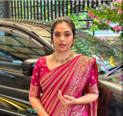 AAB (Pink) Soft Lichi Silk Saree with Rich Jacquard Border & Pallu | Wedding & Party Wear | Contrast Blouse Included