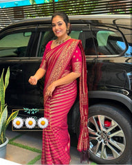 AAB (Pink) Soft Lichi Silk Saree with Rich Jacquard Border & Pallu | Wedding & Party Wear | Contrast Blouse Included