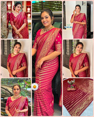 AAB (Pink) Soft Lichi Silk Saree with Rich Jacquard Border & Pallu | Wedding & Party Wear | Contrast Blouse Included
