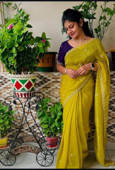 Premium Designer Saree AAB (Moon) | Satin Chiffon Crush Silk with Embroidery & Scalloped Cut-Work Border