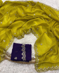 Premium Designer Saree AAB (Moon) | Satin Chiffon Crush Silk with Embroidery & Scalloped Cut-Work Border