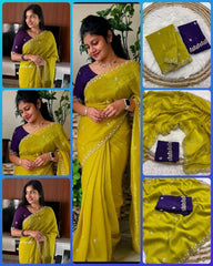 Premium Designer Saree AAB (Moon) | Satin Chiffon Crush Silk with Embroidery & Scalloped Cut-Work Border