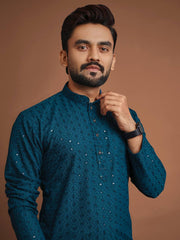 Cotton Straight Fit Men’s Kurta with Sequin & Embroidery | Wedding & Festive Wear | Manyawar