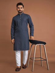 Cotton Straight Fit Men’s Kurta with Sequin & Embroidery | Wedding & Festive Wear | Manyawar