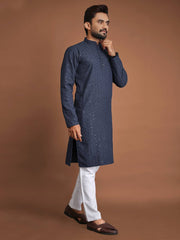 Cotton Straight Fit Men’s Kurta with Sequin & Embroidery | Wedding & Festive Wear | Manyawar