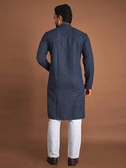 Cotton Straight Fit Men’s Kurta with Sequin & Embroidery | Wedding & Festive Wear | Manyawar