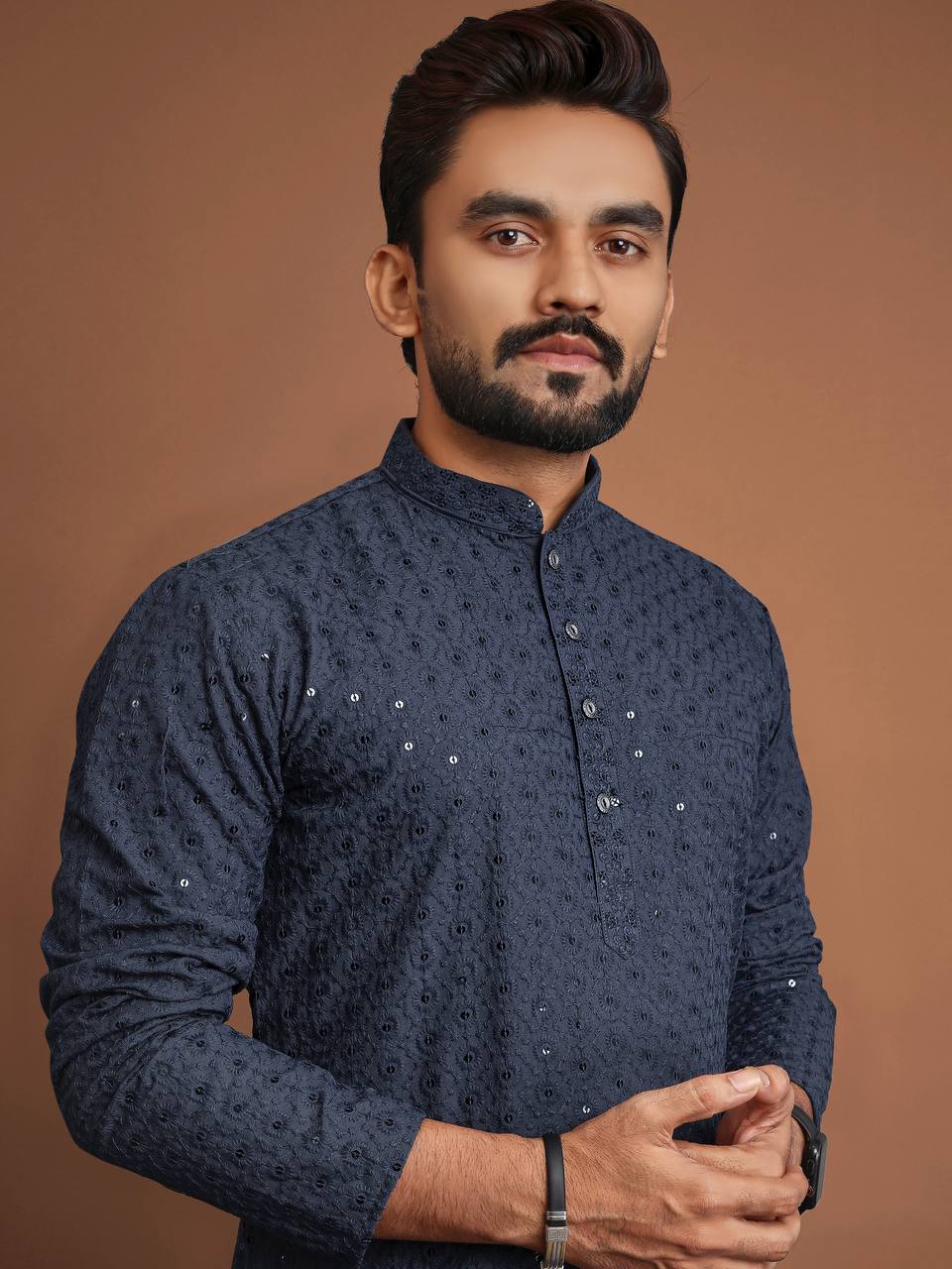 Cotton Straight Fit Men’s Kurta with Sequin & Embroidery | Wedding & Festive Wear | Manyawar